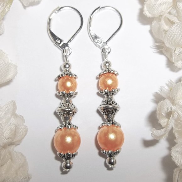 Orange Pearl Earrings, Orange Dangle Earrings, Orange Jewelry, Handmade NWT 7403